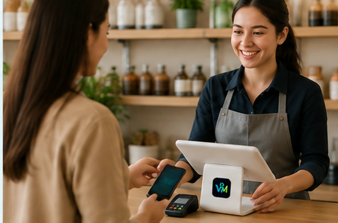 Retail staff member serving a customer using a FrabPOS One point of sale